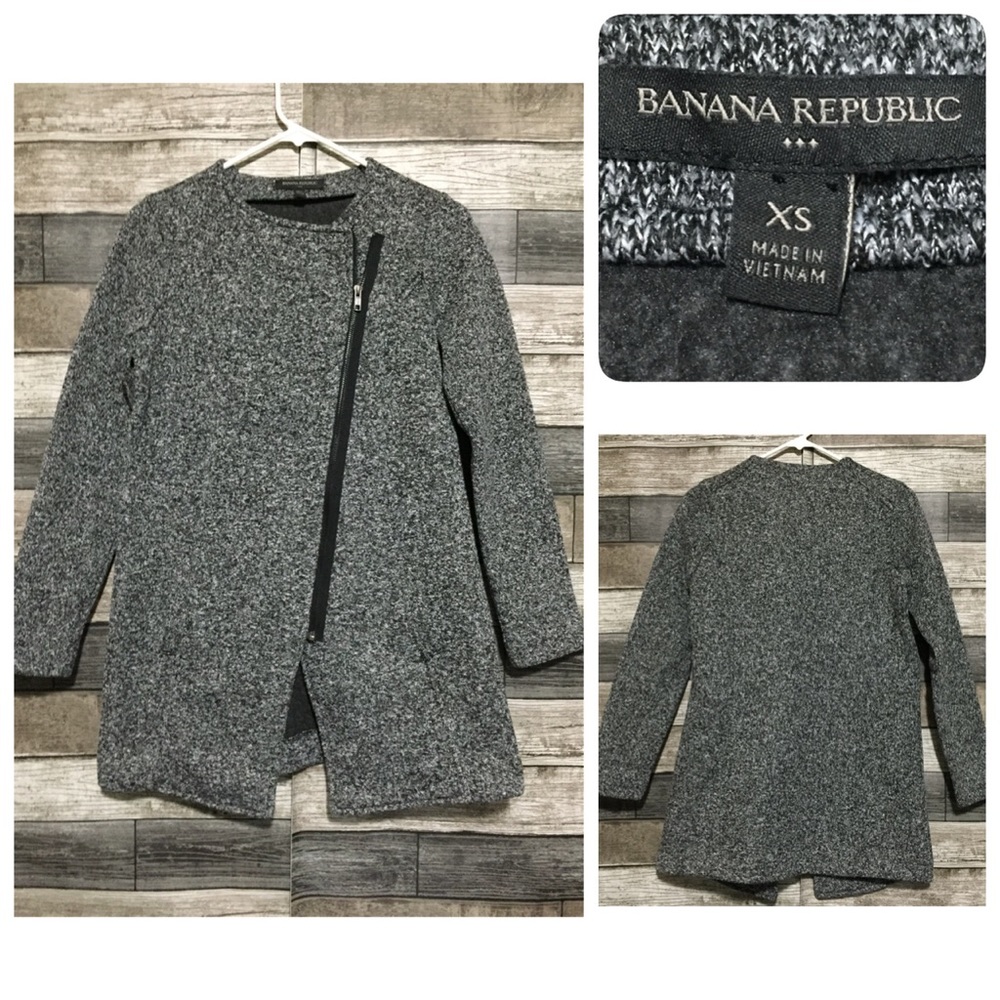 Banana Republic Fleece Jacket Women’s XS Gray Black Marled Asymmetrical Zip